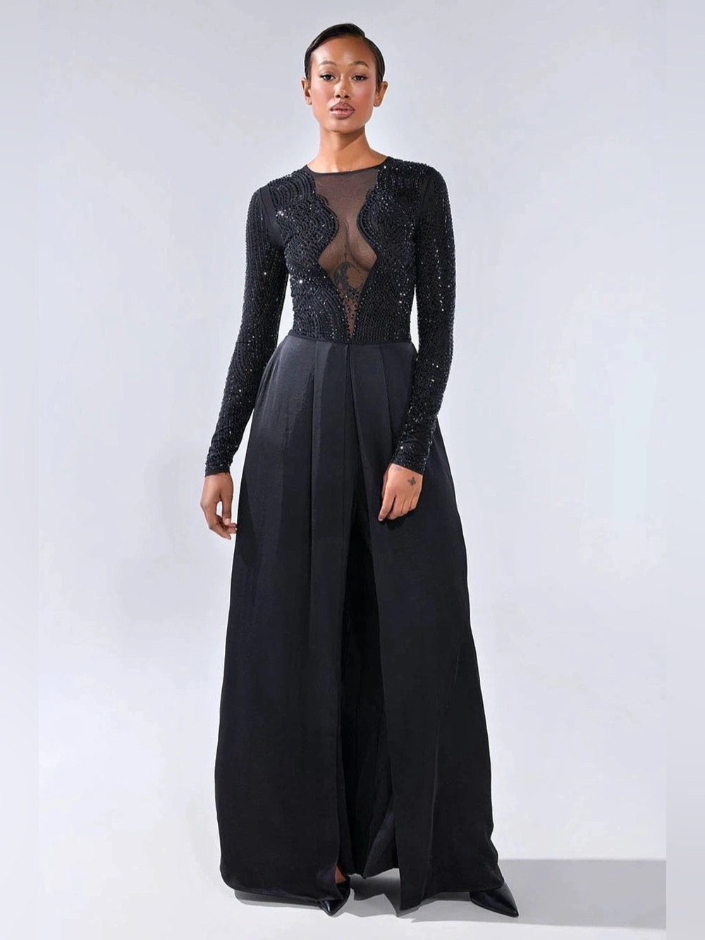 Akira Black Beaded Long Sleeve Maxi Jumpsuit - Worn once